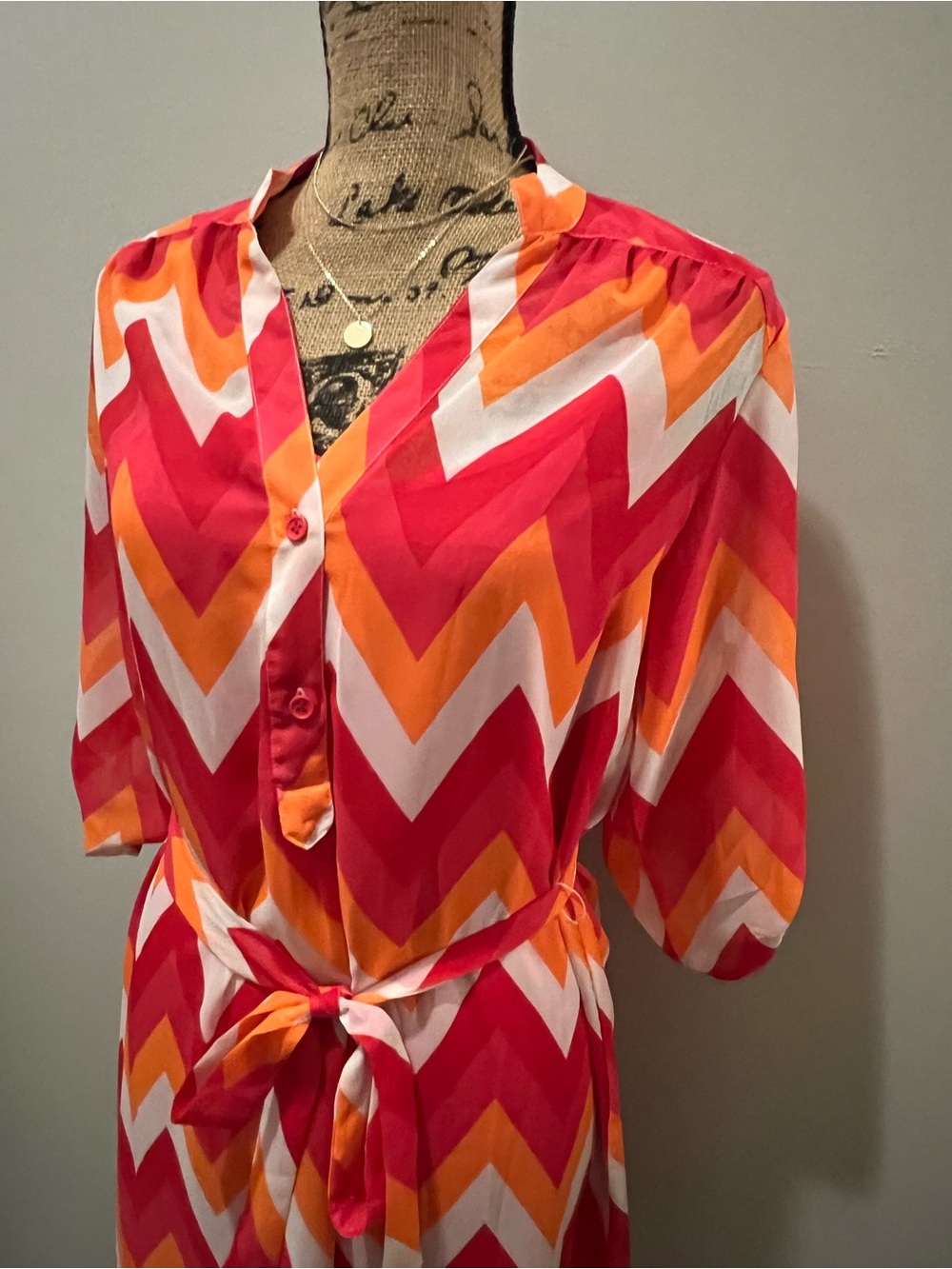Chevron Tie-Waist Midi Dress - Pink, Orange & White w/pink slip dress underneath